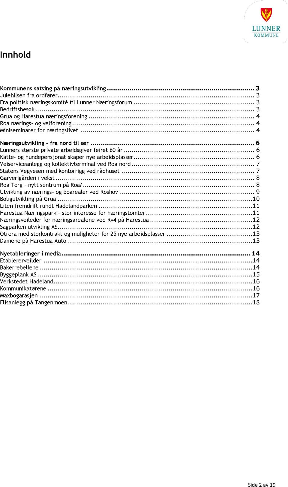 .. 6 Katte- og hundepensjonat skaper nye arbeidsplasser... 6 Veiserviceanlegg og kollektivterminal ved Roa nord... 7 Statens Vegvesen med kontorrigg ved rådhuset... 7 Garverigården i vekst.