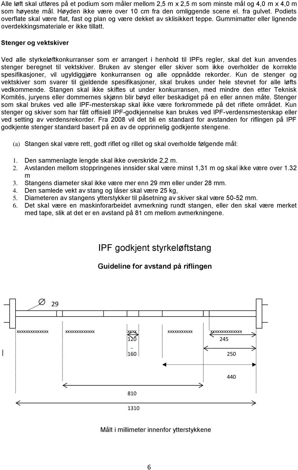 Stenger og vektskiver Ved alle styrkeløftkonkurranser som er arrangert i henhold til IPFs regler, skal det kun anvendes stenger beregnet til vektskiver.