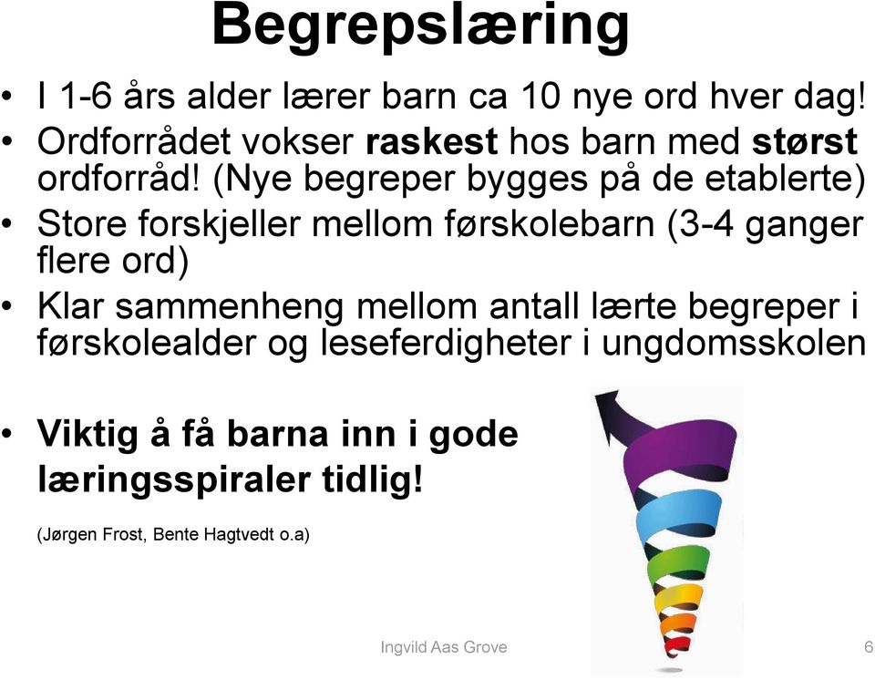 (Nye begreper bygges på de etablerte) Store forskjeller mellom førskolebarn (3-4 ganger flere ord) Klar