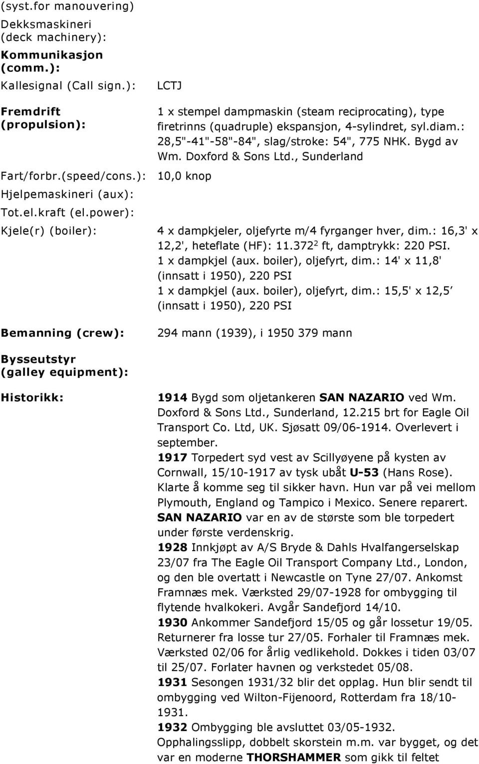 Doxford & Sons Ltd., Sunderland 4 x dampkjeler, oljefyrte m/4 fyrganger hver, dim.: 16,3' x 12,2', heteflate (HF): 11.372 2 ft, damptrykk: 220 PSI. 1 x dampkjel (aux. boiler), oljefyrt, dim.