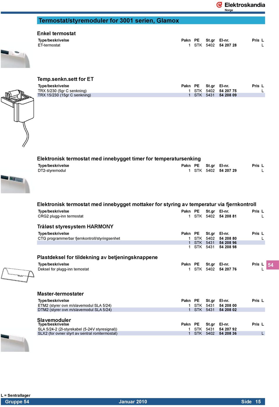 5402 54 207 29 L Elektronisk termostat med innebygget mottaker for styring av temperatur via fjernkontroll CRG2 plugg-inn termostat 1 STK 5402 54 208 81 L Tråløst styresystem HARMONY CTG