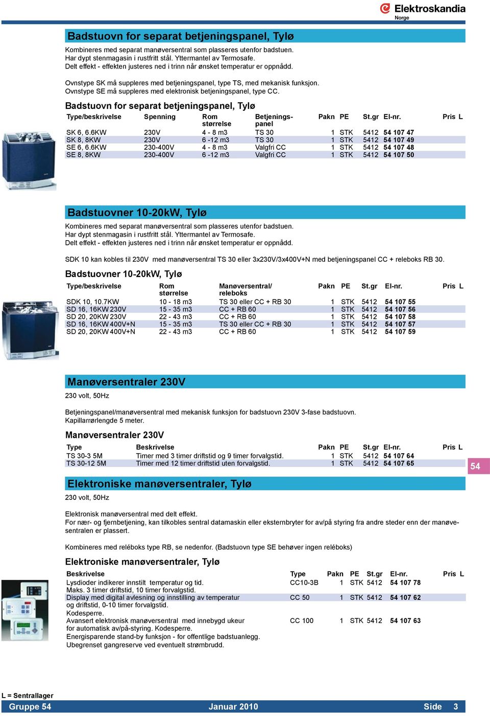 Ovnstype SE må suppleres med elektronisk betjeningspanel, type CC. Badstuovn for separat betjeningspanel, Tylø Type/beskrivelse Spenning Rom Betjenings- Pakn PE St.gr El-nr.