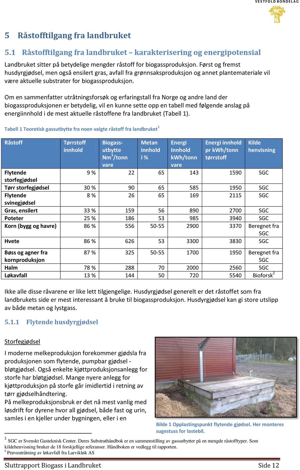 Om en sammenfatter utråtningsforsøk og erfaringstall fra Norge og andre land der biogassproduksjonen er betydelig, vil en kunne sette opp en tabell med følgende anslag på energiinnhold i de mest