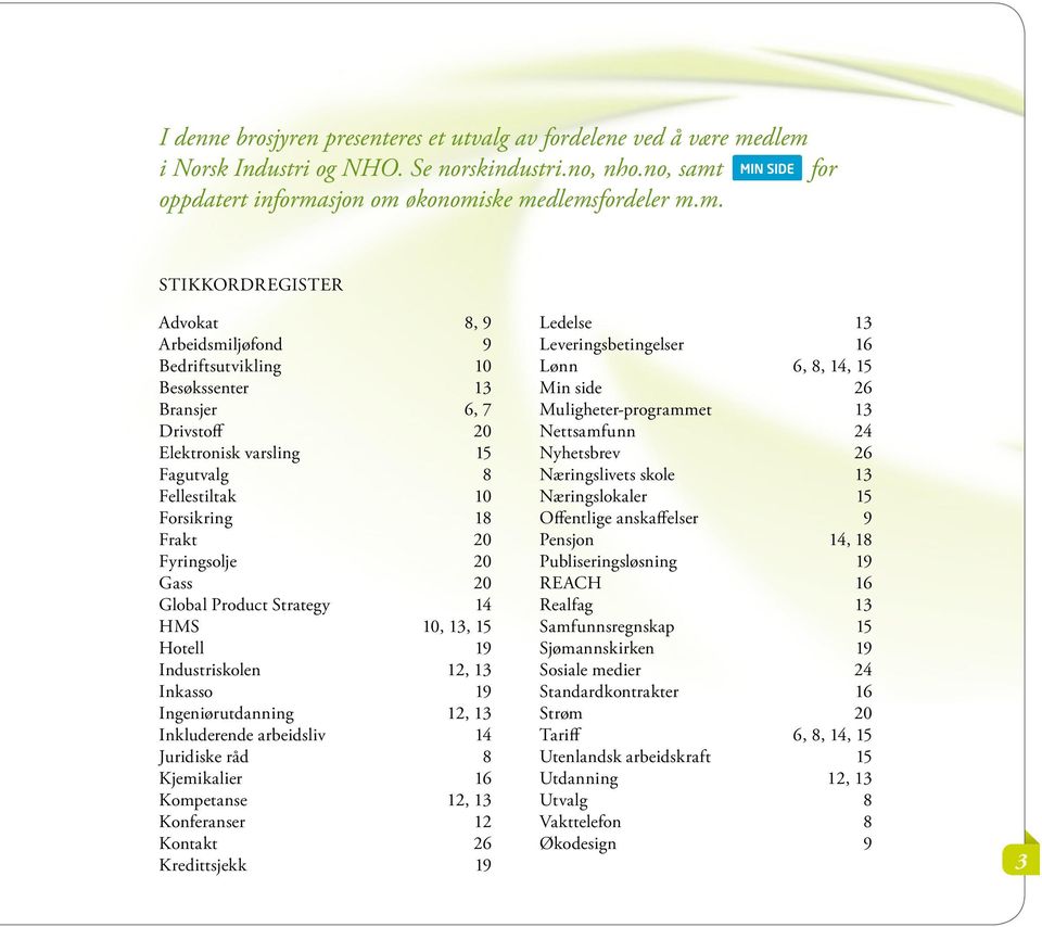 Besøkssenter 13 Bransjer 6, 7 Drivstoff 20 Elektronisk varsling 15 Fagutvalg 8 Fellestiltak 10 Forsikring 18 Frakt 20 Fyringsolje 20 Gass 20 Global Product Strategy 14 HMS 10, 13, 15 Hotell 19