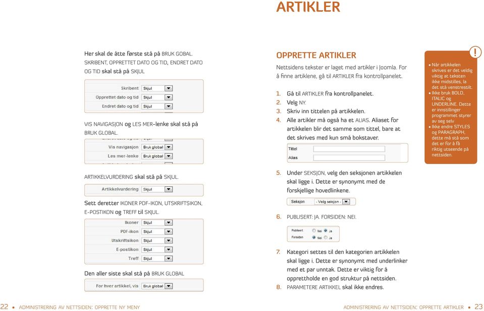 Skriv inn tittelen på artikkelen. 4. Alle artikler må også ha et ALIAS. Aliaset for artikkelen blir det samme som tittel, bare at det skrives med kun små bokstaver.