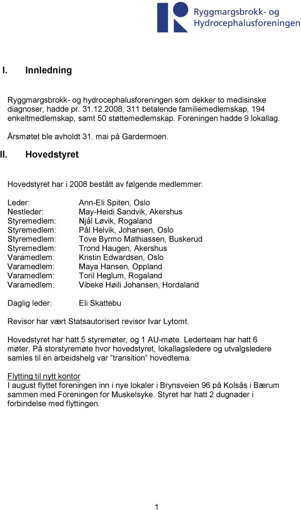 Hovedstyret Hovedstyret har i 2008 bestått av følgende medlemmer: Nestleder: Daglig leder: Ann-Eli Spiten, Oslo May-Heidi Sandvik, Akershus Njål Løvik, Rogaland Pål Helvik, Johansen, Oslo Tove Byrmo