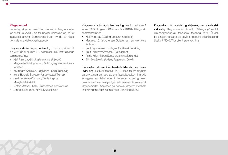 desember 2010 ha følgende sammensening: Kjell Frønsdal, Gulaing lagmannsre (leder) Margareh Chrisophersen, Gulaing lagmannsre (vara for leder) Knu Ingar Weseren, Høgskolen i Nord-Trøndelag Ingrid