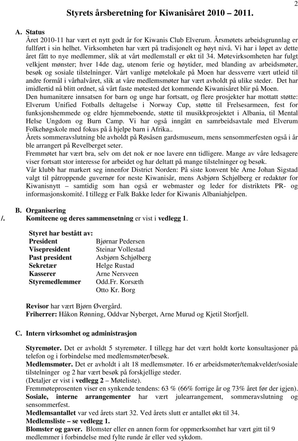 Møtevirksomheten har fulgt velkjent mønster; hver 14de dag, utenom ferie og høytider, med blanding av arbeidsmøter, besøk og sosiale tilstelninger.