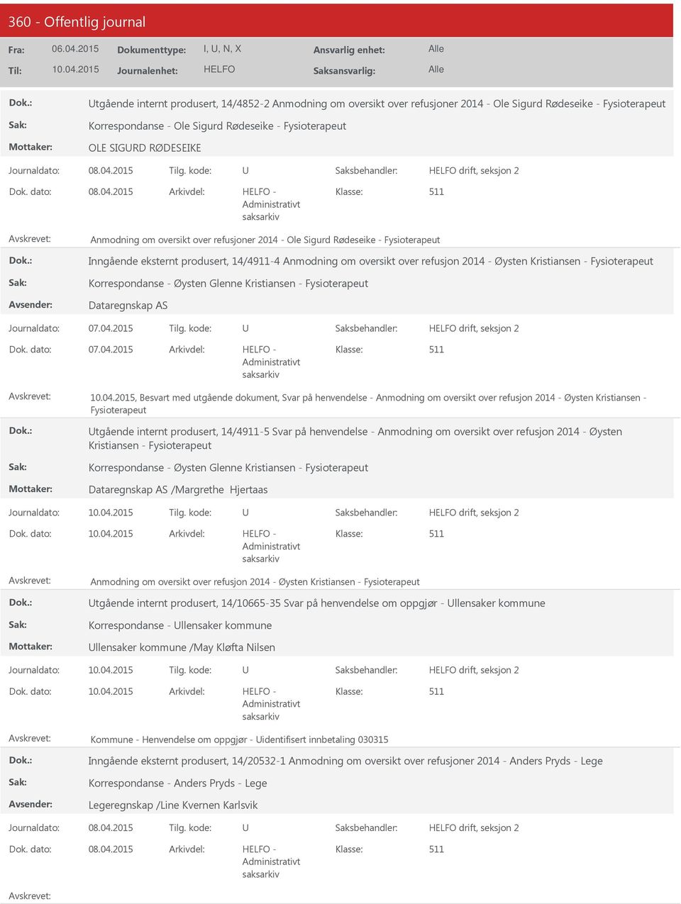 2015 - Anmodning om oversikt over refusjoner 2014 - Ole Sigurd Rødeseike - Fysioterapeut Inngående eksternt produsert, 14/4911-4 Anmodning om oversikt over refusjon 2014 - Øysten Kristiansen -