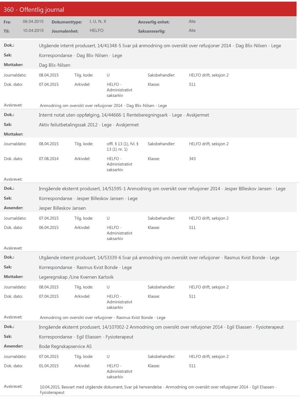 2014-343 Inngående eksternt produsert, 14/51595-1 Anmodning om oversikt over refusjoner 2014 - Jesper BIlleskov Jansen - Lege Korrespondanse - Jesper Billeskov Jansen - Lege Jesper Billeskov Jansen -