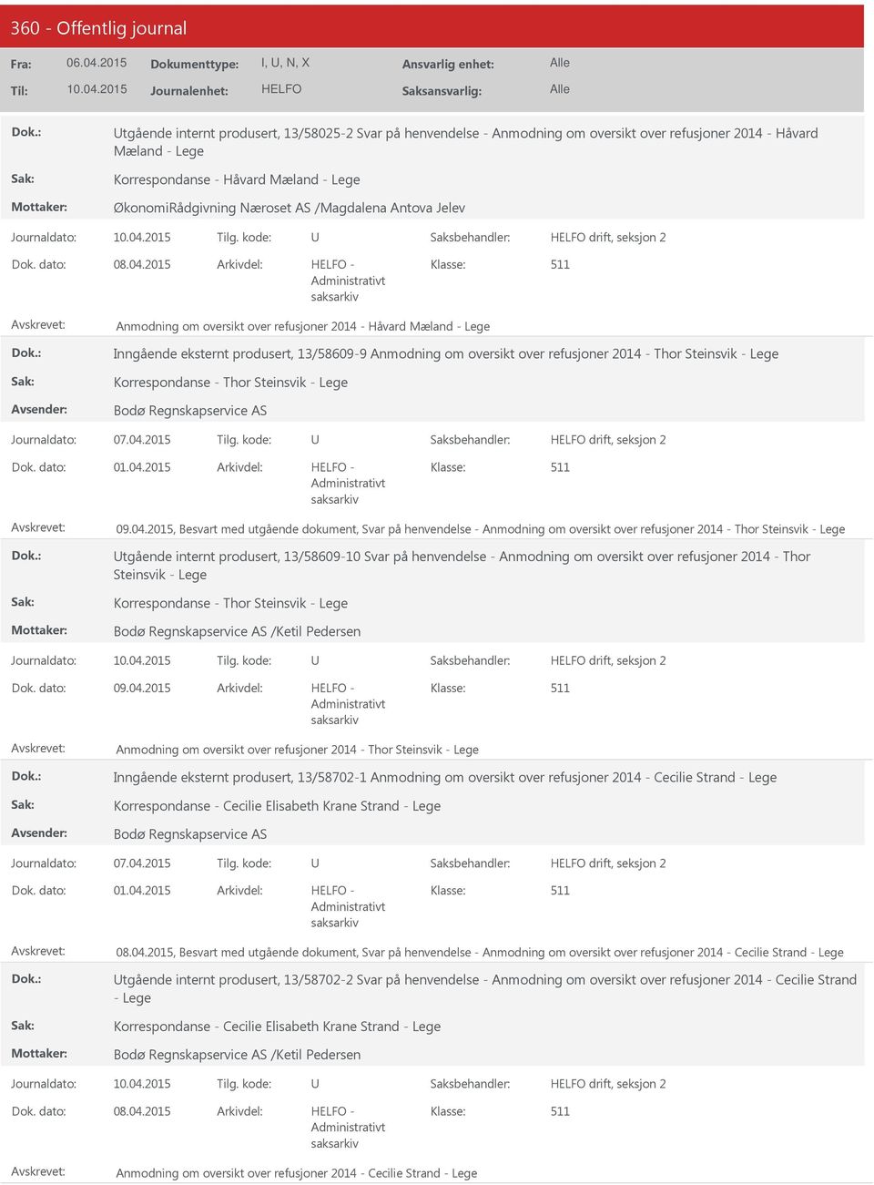 2015 - Anmodning om oversikt over refusjoner 2014 - Håvard Mæland - Lege Inngående eksternt produsert, 13/58609-9 Anmodning om oversikt over refusjoner 2014 - Thor Steinsvik - Lege Korrespondanse -