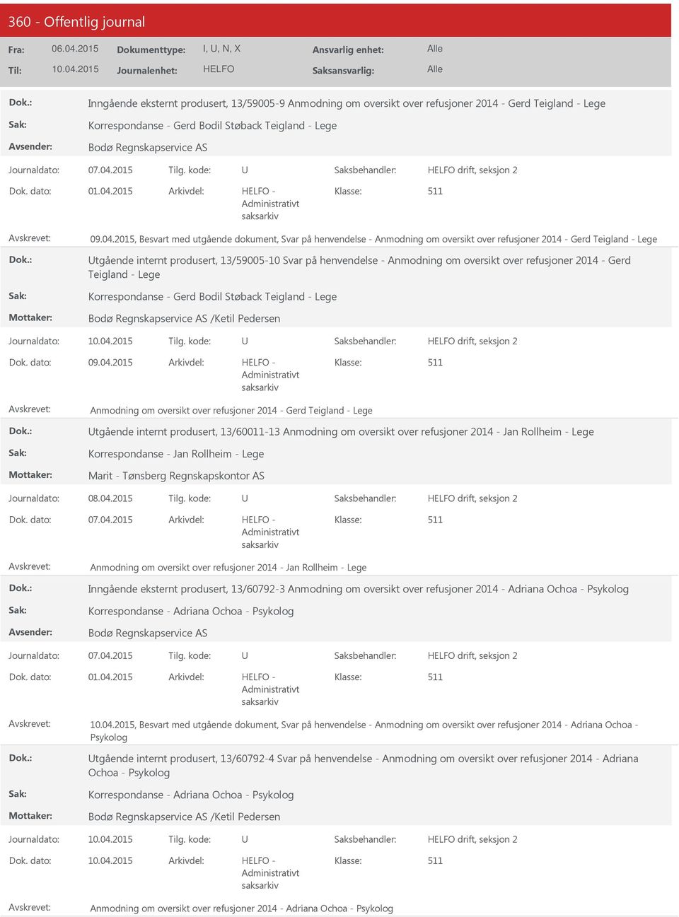 2015, Besvart med utgående dokument, Svar på henvendelse - Anmodning om oversikt over refusjoner 2014 - Gerd Teigland - Lege tgående internt produsert, 13/59005-10 Svar på henvendelse - Anmodning om