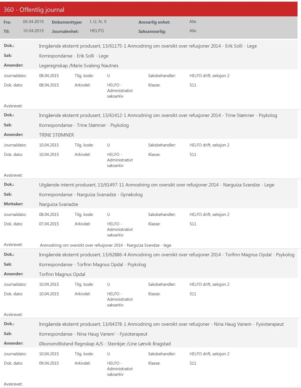 produsert, 13/61497-11 Anmodning om oversikt over refusjoner 2014 - Narguiza Svandze - Lege Korrespondanse - Narguiza Svanadze - Gynekolog Narguiza Svanadze Anmodning om oversikt over refusjoner 2014