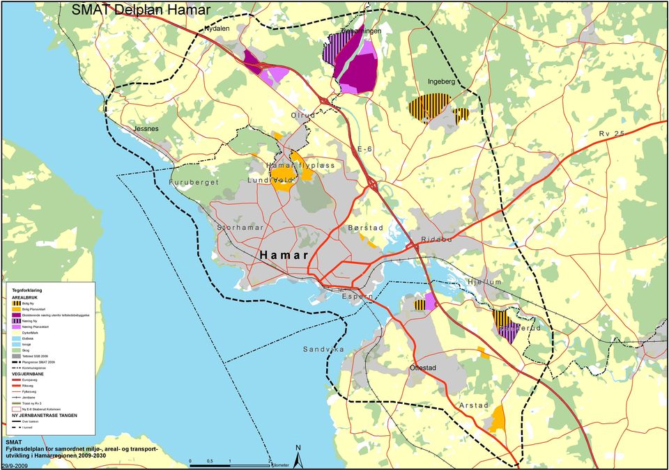 2008 Plangrense SMAT 2009 Kommunegrense VEG/JERNBANE Europaveg Riksveg Fylkesveg Jernbane Trasé ny Rv 3 Ny E-6 Skaberud Kolomoen NY JERNBANETRASE TANGEN Over bakken I tunnell S a n d v i k