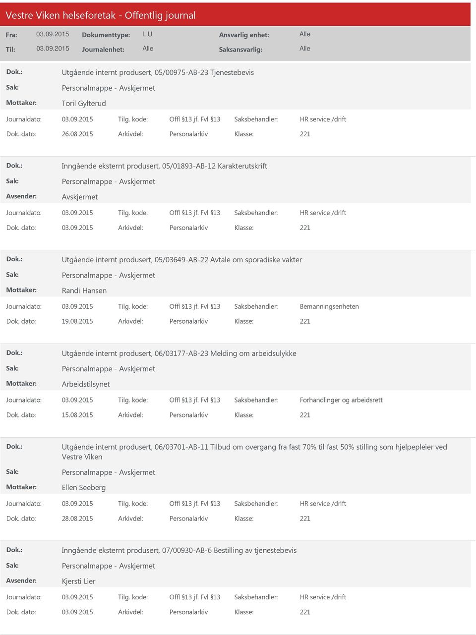 dato: Arkivdel: Personalarkiv tgående internt produsert, 05/03649-AB-22 Avtale om sporadiske vakter Personalmappe - Randi Hansen Dok. dato: 19.08.