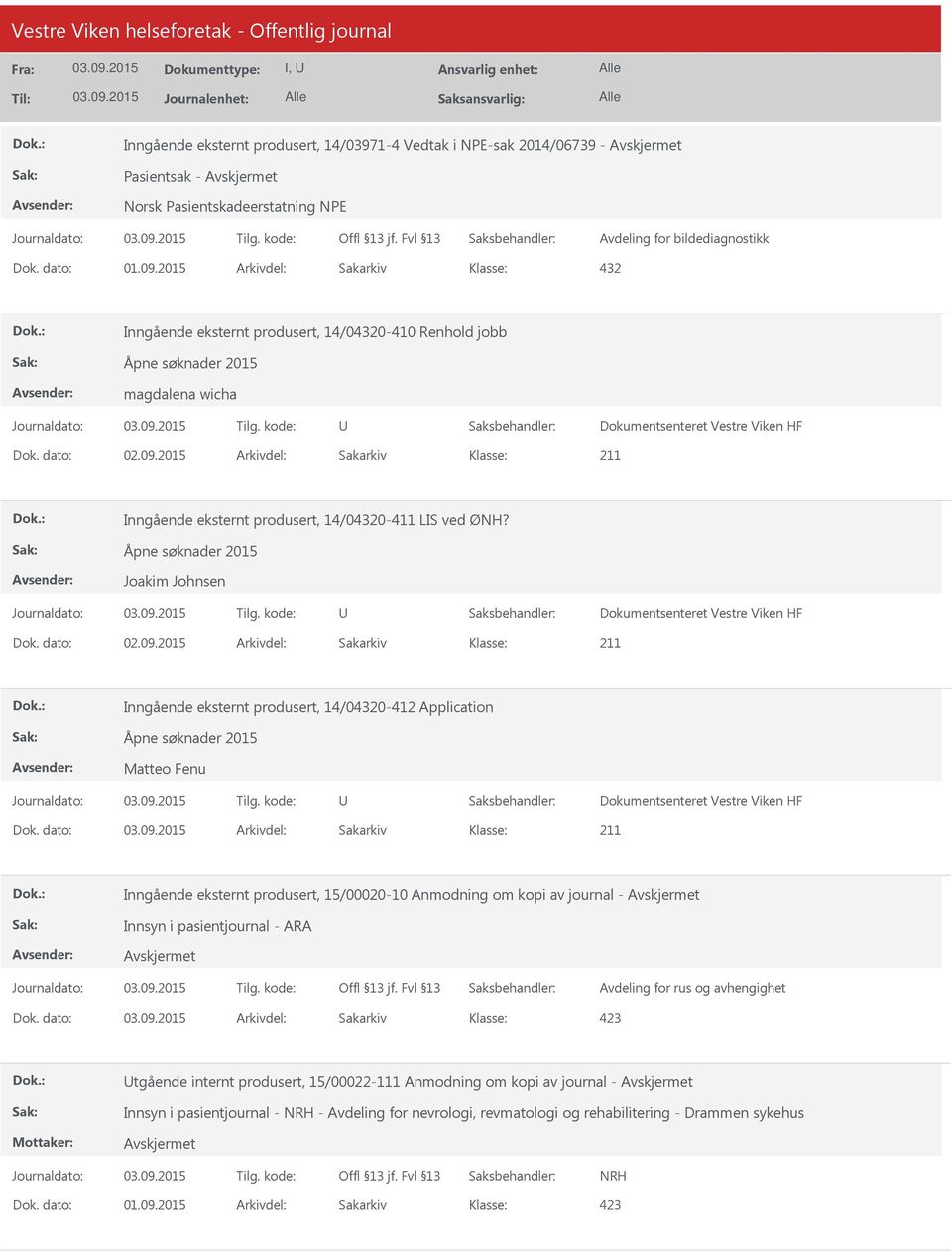 Åpne søknader 2015 Joakim Johnsen Dokumentsenteret Vestre Viken HF Dok. dato: 02.09.