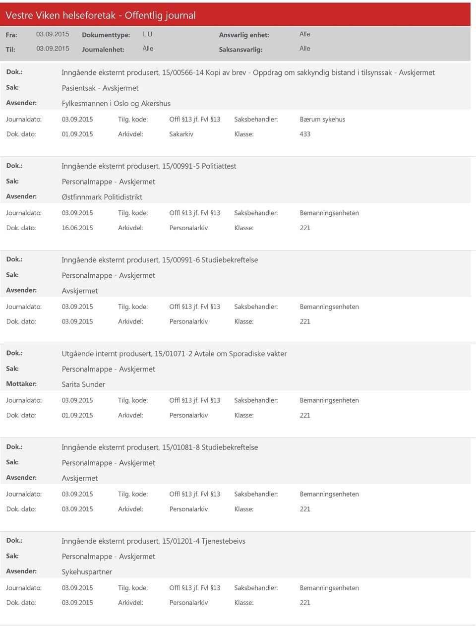 dato: Arkivdel: Personalarkiv tgående internt produsert, 15/01071-2 Avtale om Sporadiske vakter Personalmappe - Sarita Sunder Dok. dato: 01.09.