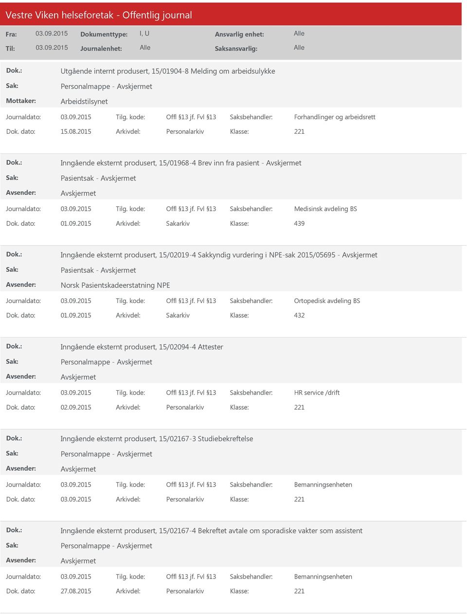 NPE-sak 2015/05695 - Pasientsak - Norsk Pasientskadeerstatning NPE Ortopedisk avdeling BS 432 Inngående eksternt produsert, 15/02094