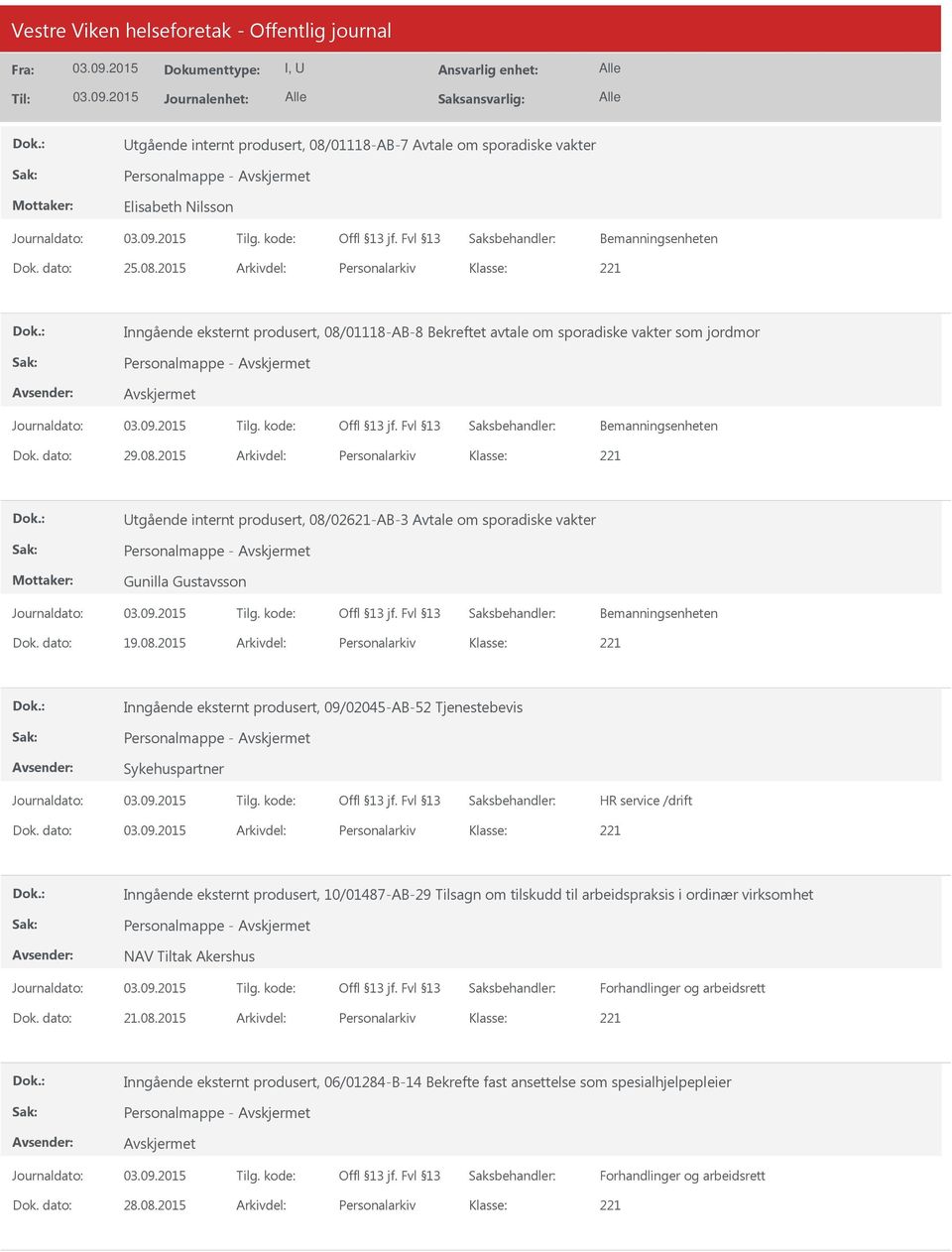 dato: Arkivdel: Personalarkiv Inngående eksternt produsert, 10/01487-AB-29 Tilsagn om tilskudd til arbeidspraksis i ordinær virksomhet Personalmappe - NAV Tiltak Akershus Forhandlinger og arbeidsrett