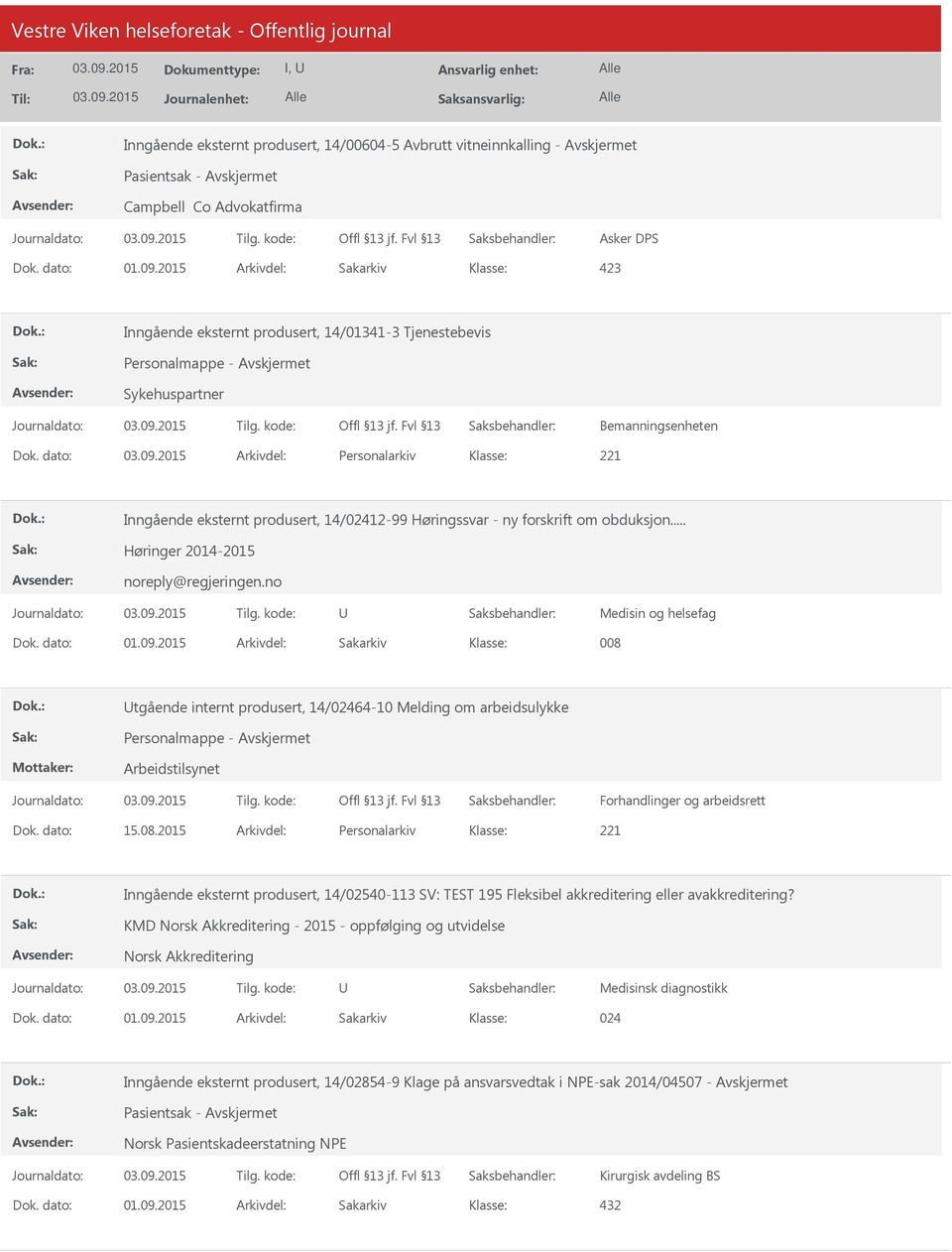 no Medisin og helsefag 008 tgående internt produsert, 14/02464-10 Melding om arbeidsulykke Personalmappe - Arbeidstilsynet Forhandlinger og arbeidsrett Dok. dato: 15.08.2015 Arkivdel: Personalarkiv Inngående eksternt produsert, 14/02540-113 SV: TEST 195 Fleksibel akkreditering eller avakkreditering?