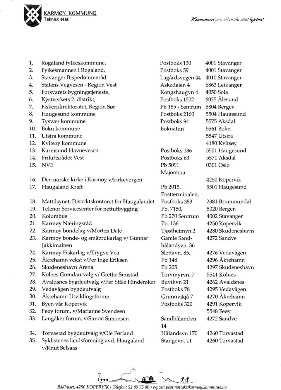 distrikt, Postboks 1502 6025 Ålesund 7. Fiskeridirektoratet, Region Sør Pb 185 - Sentrum 5804 Bergen 8. Haugesund kommune Postboks 2160 5504 Haugesund 9. Tysvær kommune Postboks 94 5575 Aksdal 10.