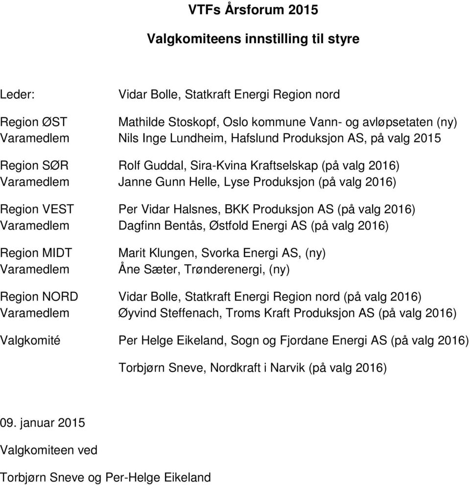 Halsnes, BKK Produksjon AS (på valg 2016) Varamedlem Dagfinn Bentås, Østfold Energi AS (på valg 2016) Region MIDT Varamedlem Marit Klungen, Svorka Energi AS, (ny) Åne Sæter, Trønderenergi, (ny)