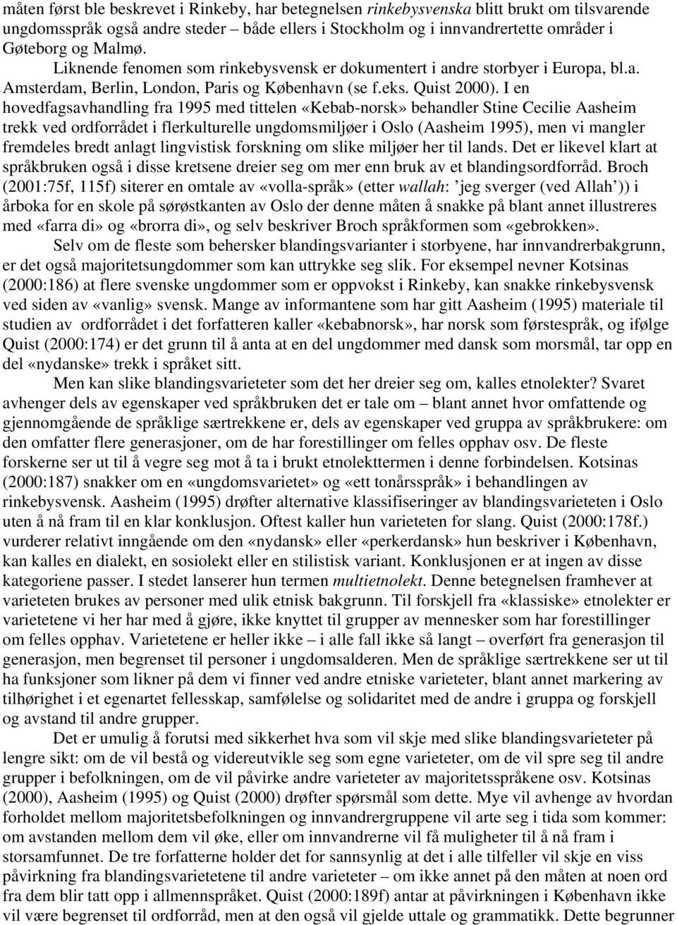 I en hovedfagsavhandling fra 1995 med tittelen «Kebab-norsk» behandler Stine Cecilie Aasheim trekk ved ordforrådet i flerkulturelle ungdomsmiljøer i Oslo (Aasheim 1995), men vi mangler fremdeles