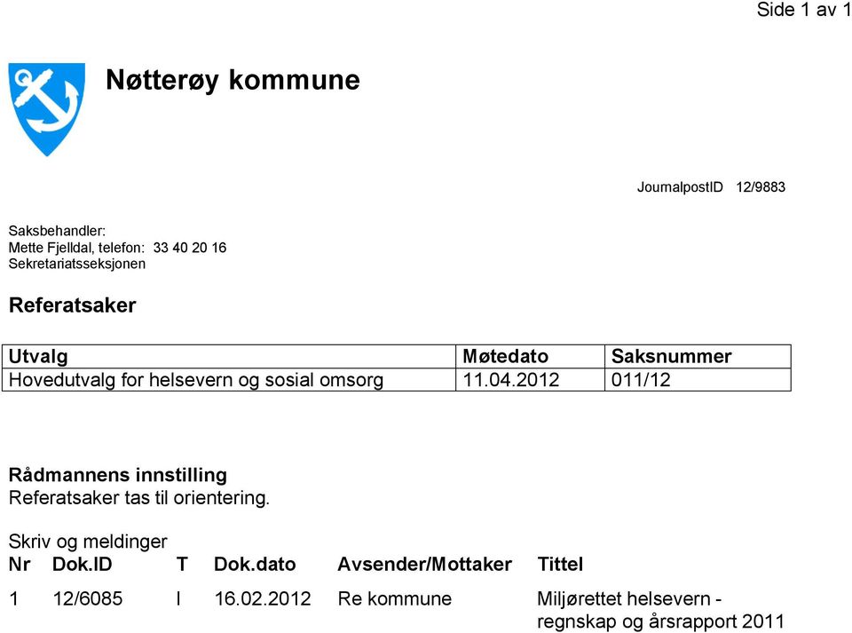 04.2012 011/12 Rådmannens innstilling Referatsaker tas til orientering. Skriv og meldinger Nr Dok.ID T Dok.