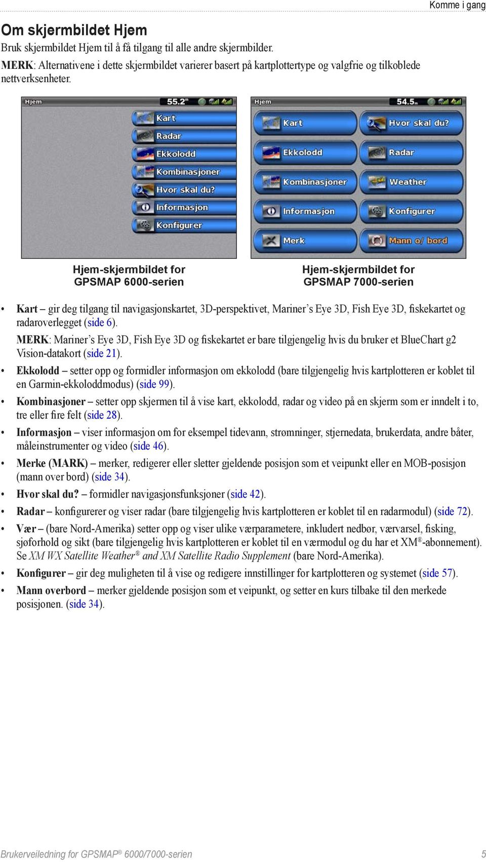 Hjem-skjermbildet for GPSMAP 6000-serien Hjem-skjermbildet for GPSMAP 7000-serien Kart gir deg tilgang til navigasjonskartet, 3D-perspektivet, Mariner s Eye 3D, Fish Eye 3D, fiskekartet og