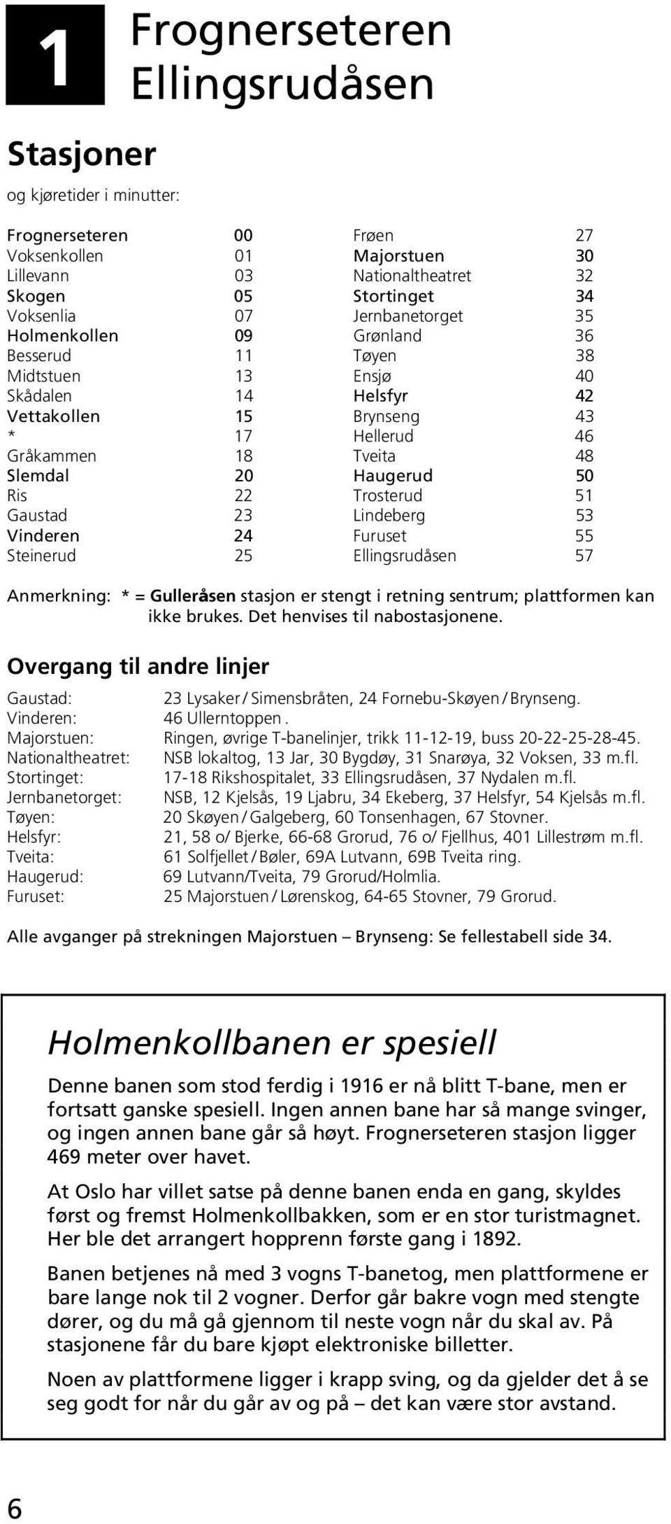 Lindeberg 53 Vinderen 24 Furuset 55 Steinerud 25 Ellingsrudåsen 57 Anmerkning: * = Gulleråsen stasjon er stengt i retning sentrum; plattformen kan ikke brukes. Det henvises til nabostasjonene.