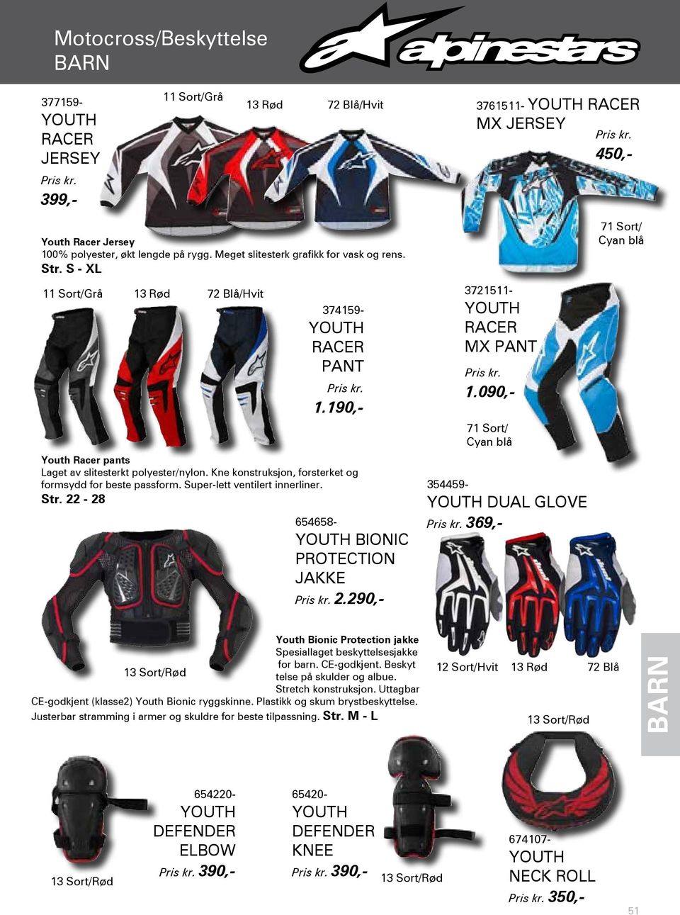 Kne konstruksjon, forsterket og formsydd for beste passform. Super-lett ventilert innerliner. Str. 22-28 3721511- YOUTH RACER MX PANT 1.