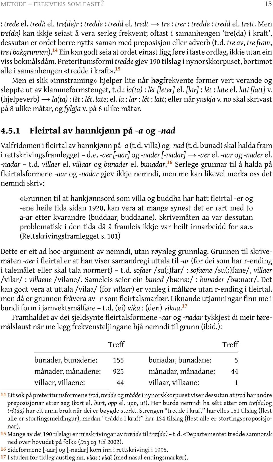 14 Ein kan godt seia at ordet einast ligg føre i faste ordlag, ikkje utan ein viss bokmålsdåm. Preteritumsformi tredde gjev 190 tilslag i nynorskkorpuset, bortimot alle i samanhengen «tredde i kraft».