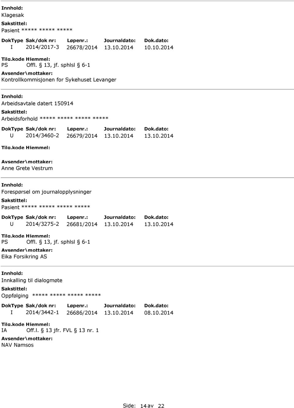 journalopplysninger Pasient ***** ***** ***** ***** 2014/3275-2 26681/2014 Eika Forsikring AS nnkalling til