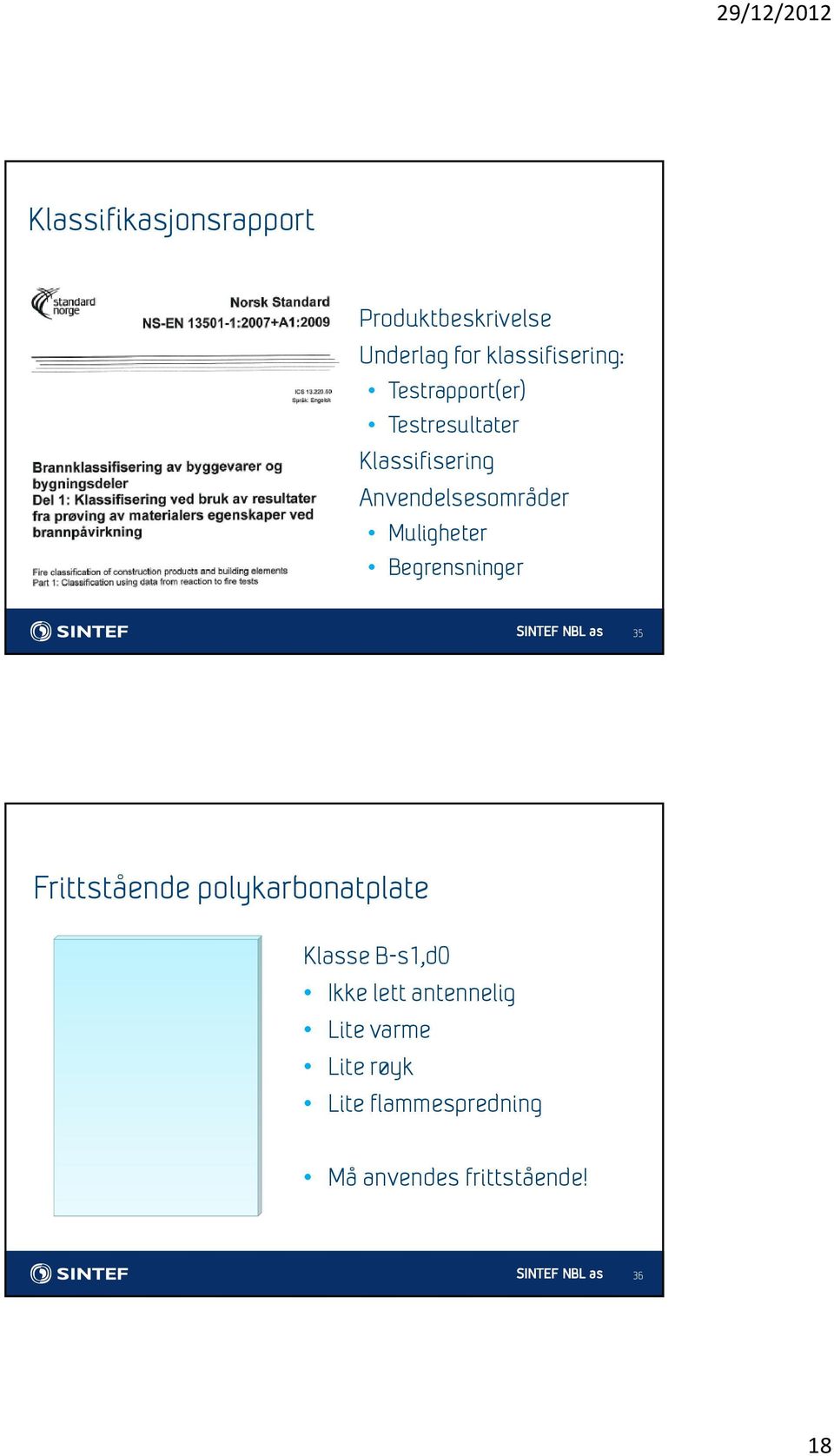 Begrensninger 35 Frittstående polykarbonatplate Klasse B-s1,d0 Ikke lett