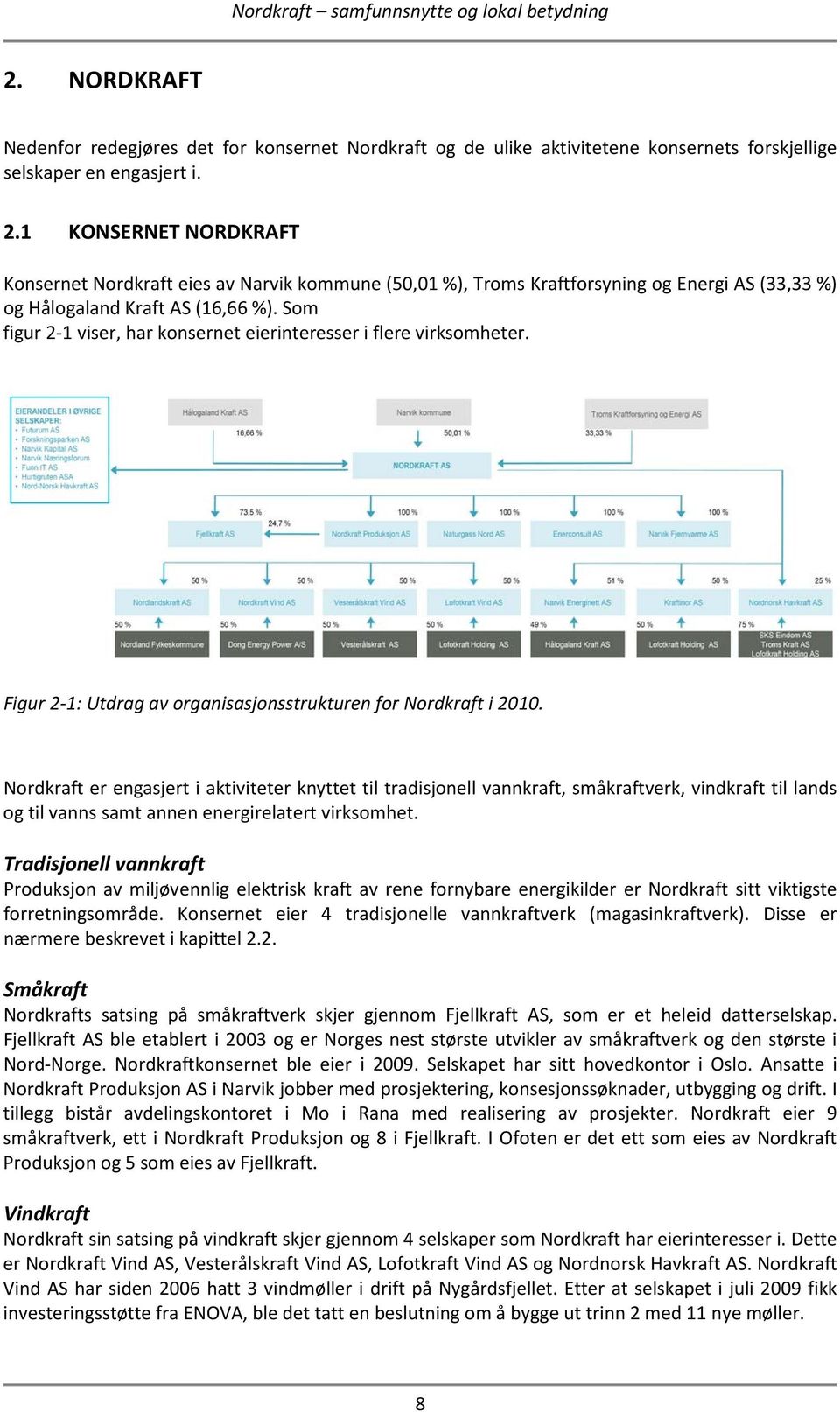 Som figur 2-1 viser, har konsernet eierinteresser i flere virksomheter. Figur 2-1: Utdrag av organisasjonsstrukturen for Nordkraft i 2010.