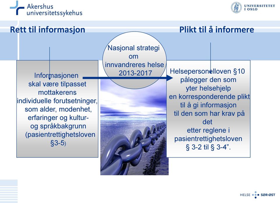 innvandreres helse 2013-2017 Plikt til å informere Helsepersonelloven 10 pålegger den som yter helsehjelp en