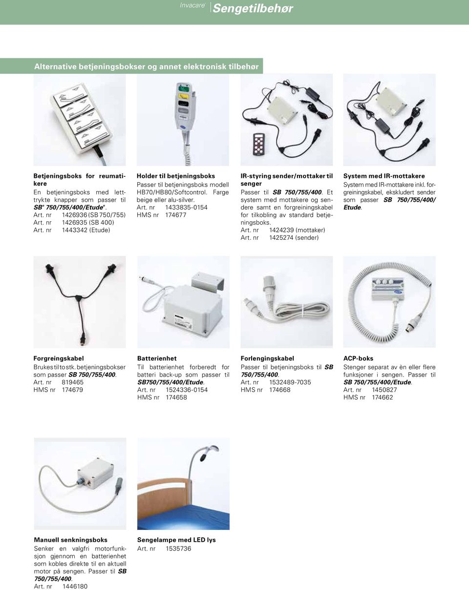 nr 1433835-0154 HMS nr 174677 IR-styring sender/mottaker til senger Passer til SB 750/755/400. Et system med mottakere og sendere samt en forgreiningskabel for tilkobling av standard betjeningsboks.