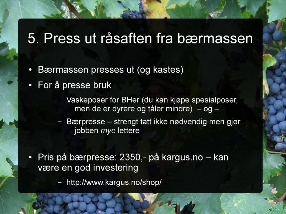 mindre) og Bærpresse strengt tatt ikke nødvendig men gjør jobben mye lettere Pris