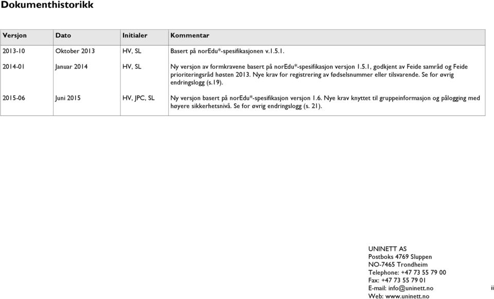 2015-06 Juni 2015 HV, JPC, SL Ny versjon basert på noredu*-spesifikasjon versjon 1.6. Nye krav knyttet til gruppeinformasjon og pålogging med høyere sikkerhetsnivå.