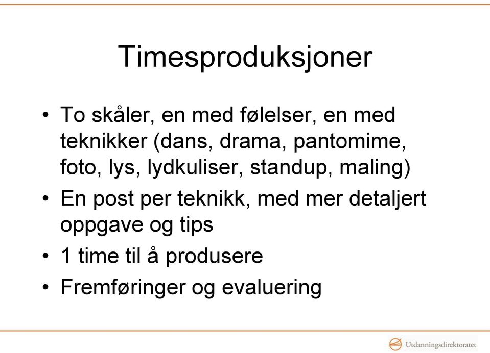 standup, maling) En post per teknikk, med mer detaljert