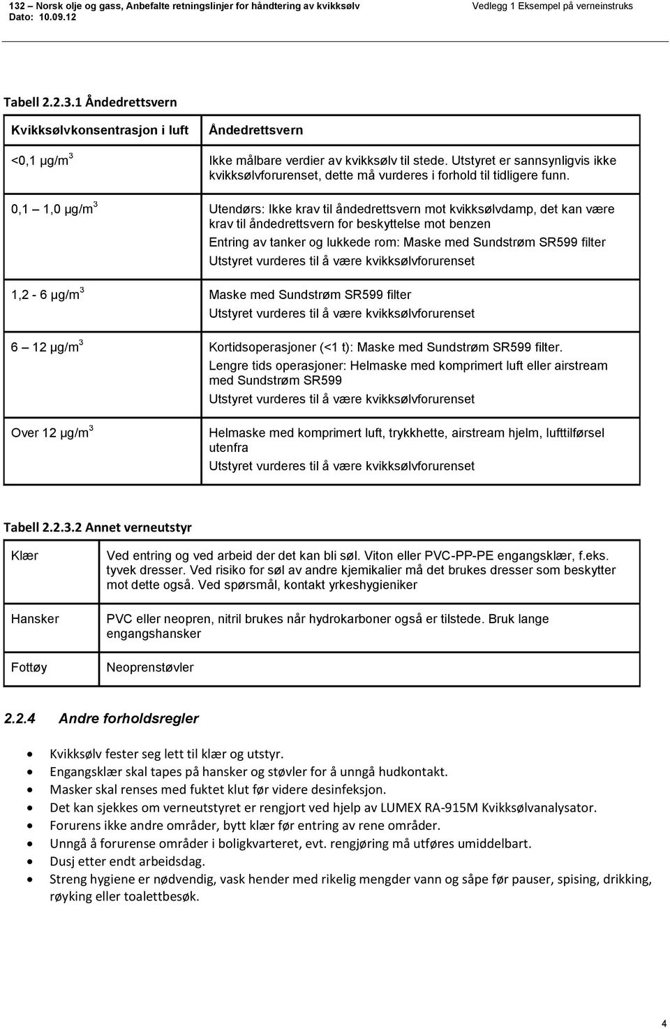 0,1 1,0 µg/m 3 Utendørs: Ikke krav til åndedrettsvern mot kvikksølvdamp, det kan være krav til åndedrettsvern for beskyttelse mot benzen Entring av tanker og lukkede rom: Maske med Sundstrøm SR599
