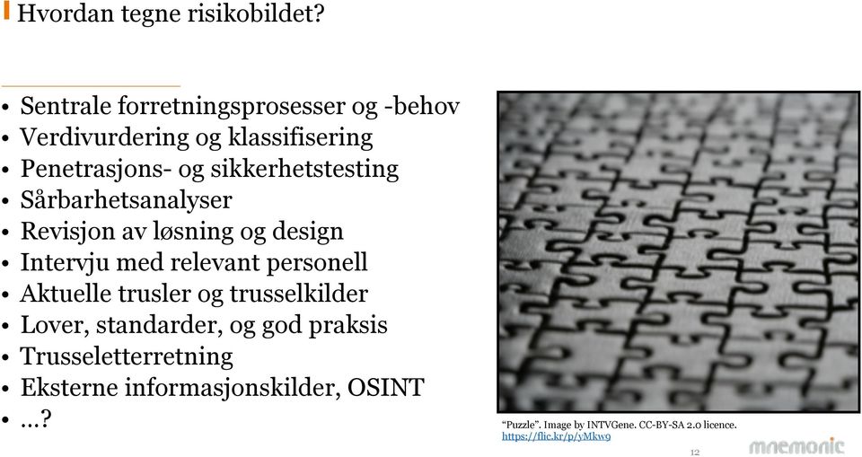 sikkerhetstesting Sårbarhetsanalyser Revisjon av løsning og design Intervju med relevant personell