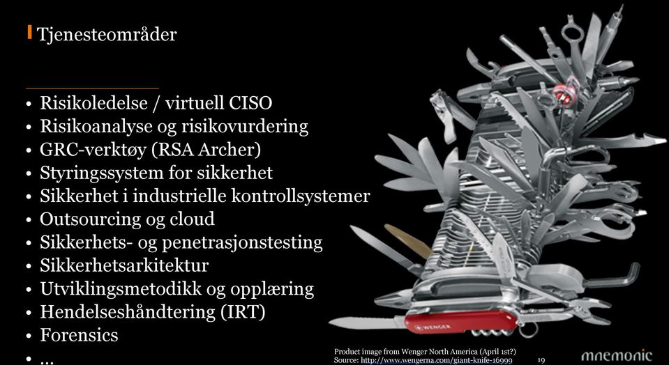 penetrasjonstesting Sikkerhetsarkitektur Utviklingsmetodikk og opplæring Hendelseshåndtering (IRT)