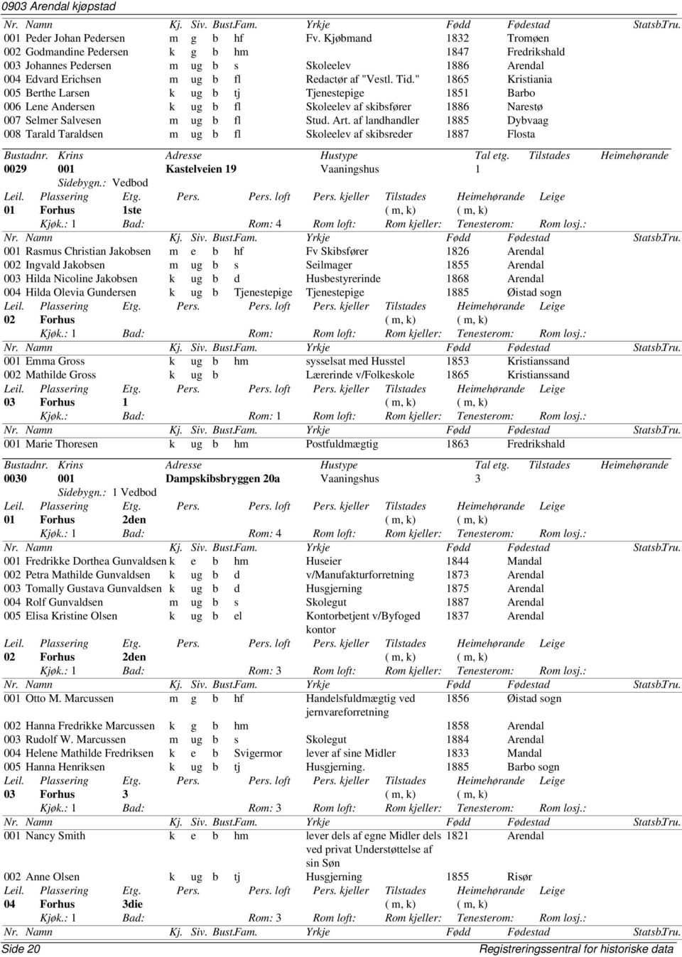 " 1865 Kristiania 005 Berthe Larsen k ug b tj Tjenestepige 1851 Barbo 006 Lene Andersen k ug b fl Skoleelev af skibsfører 1886 Narestø 007 Selmer Salvesen m ug b fl Stud. Art.