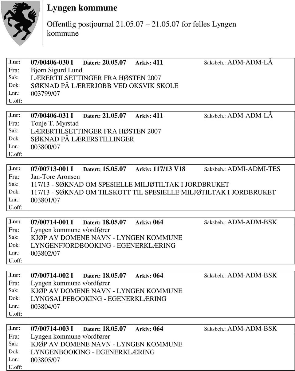 nr: 07/00713-001 I Datert: 15.05.07 Arkiv: 117/13 V18 Saksbeh.