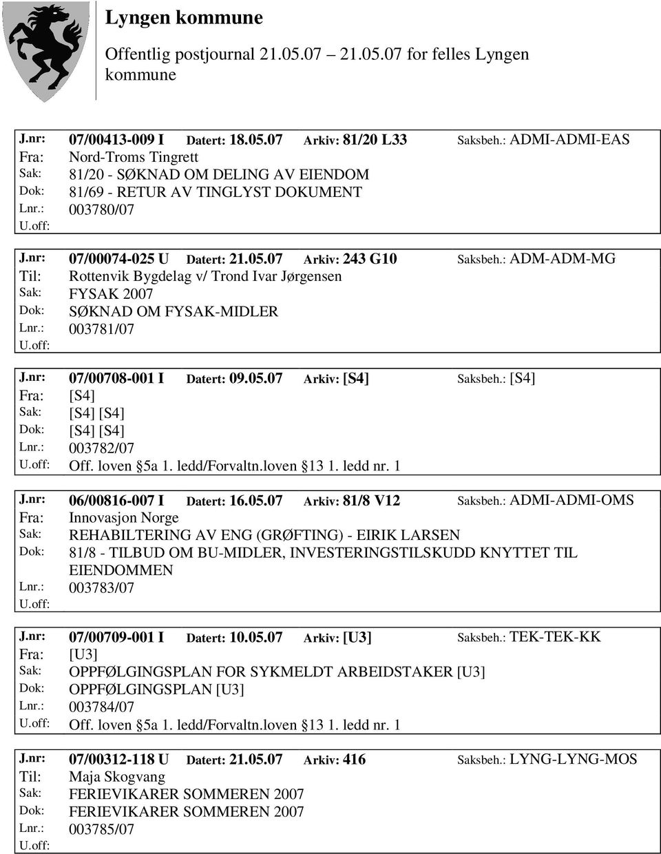 nr: 07/00708-001 I Datert: 09.05.07 Arkiv: [S4] Saksbeh.: [S4] Fra: [S4] Sak: [S4] [S4] Dok: [S4] [S4] Lnr.: 003782/07 Off. loven 5a 1. ledd/forvaltn.loven 13 1. ledd nr. 1 J.