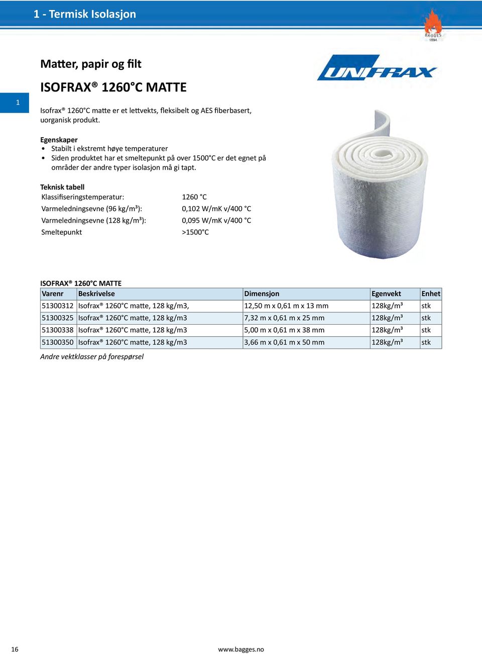 Klassifiseringstemperatur: 1260 C Varmeledningsevne (96 kg/m³): 0,102 W/mK v/400 C Varmeledningsevne (128 kg/m³): 0,095 W/mK v/400 C Smeltepunkt >1500 C ISOFRAX 1260 C MATTE Varenr Beskrivelse