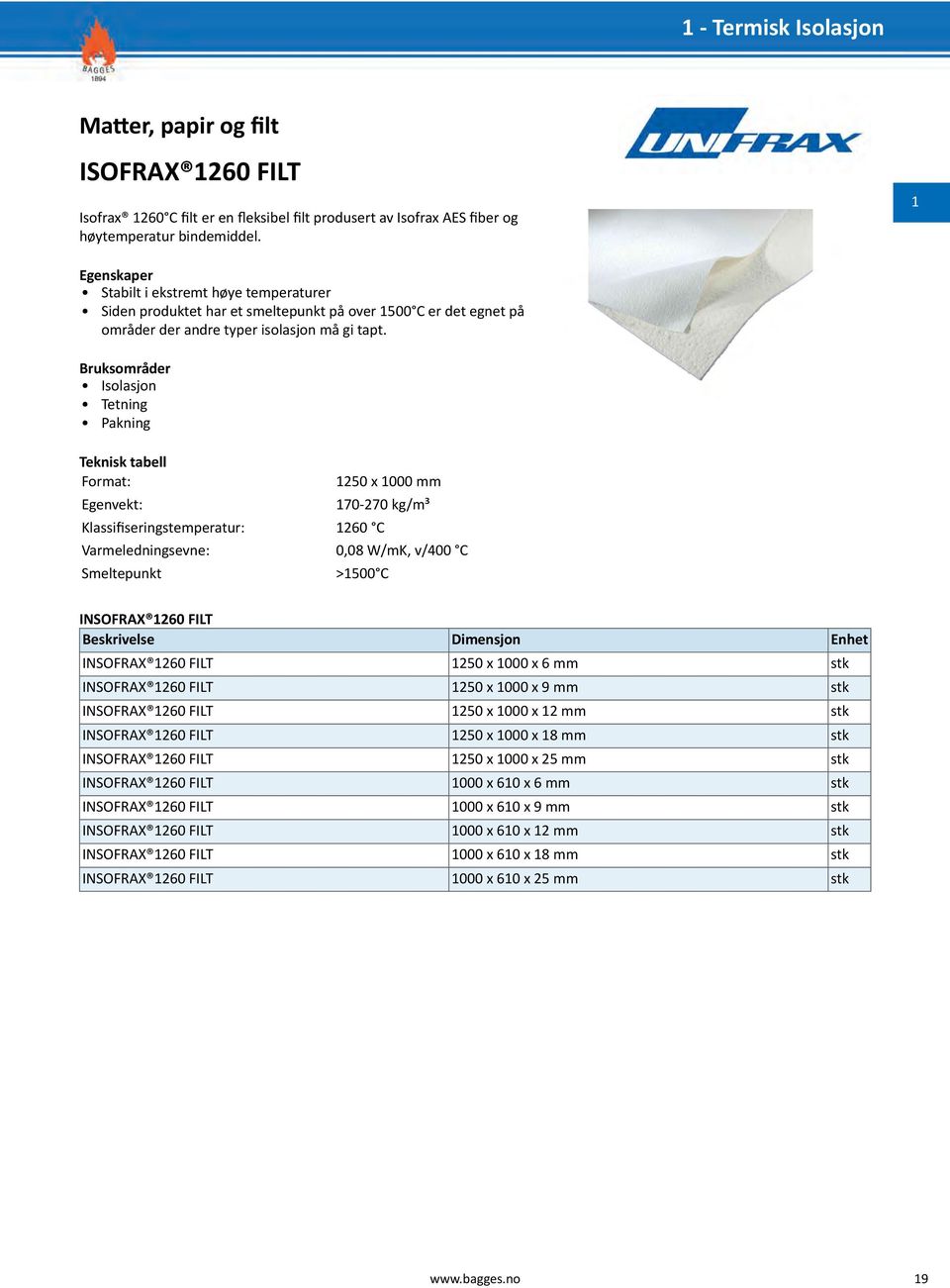 Isolasjon Tetning Pakning Format: Egenvekt: 1250 x 1000 mm 170-270 kg/m³ Klassifiseringstemperatur: 1260 C Varmeledningsevne: 0,08 W/mK, v/400 C Smeltepunkt >1500 C INSOFRAX 1260 FILT Beskrivelse