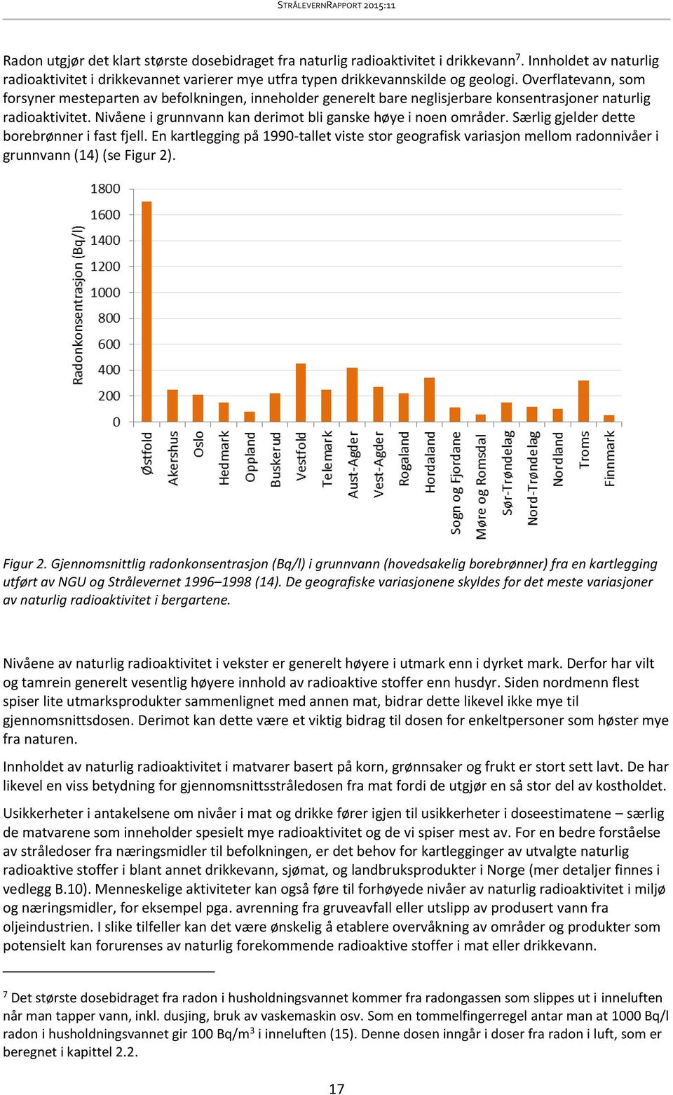 Særlig gjelder dette borebrønner i fast fjell. En kartlegging på 1990-tallet viste stor geografisk variasjon mellom radonnivåer i grunnvann (14) (se Figur 2)