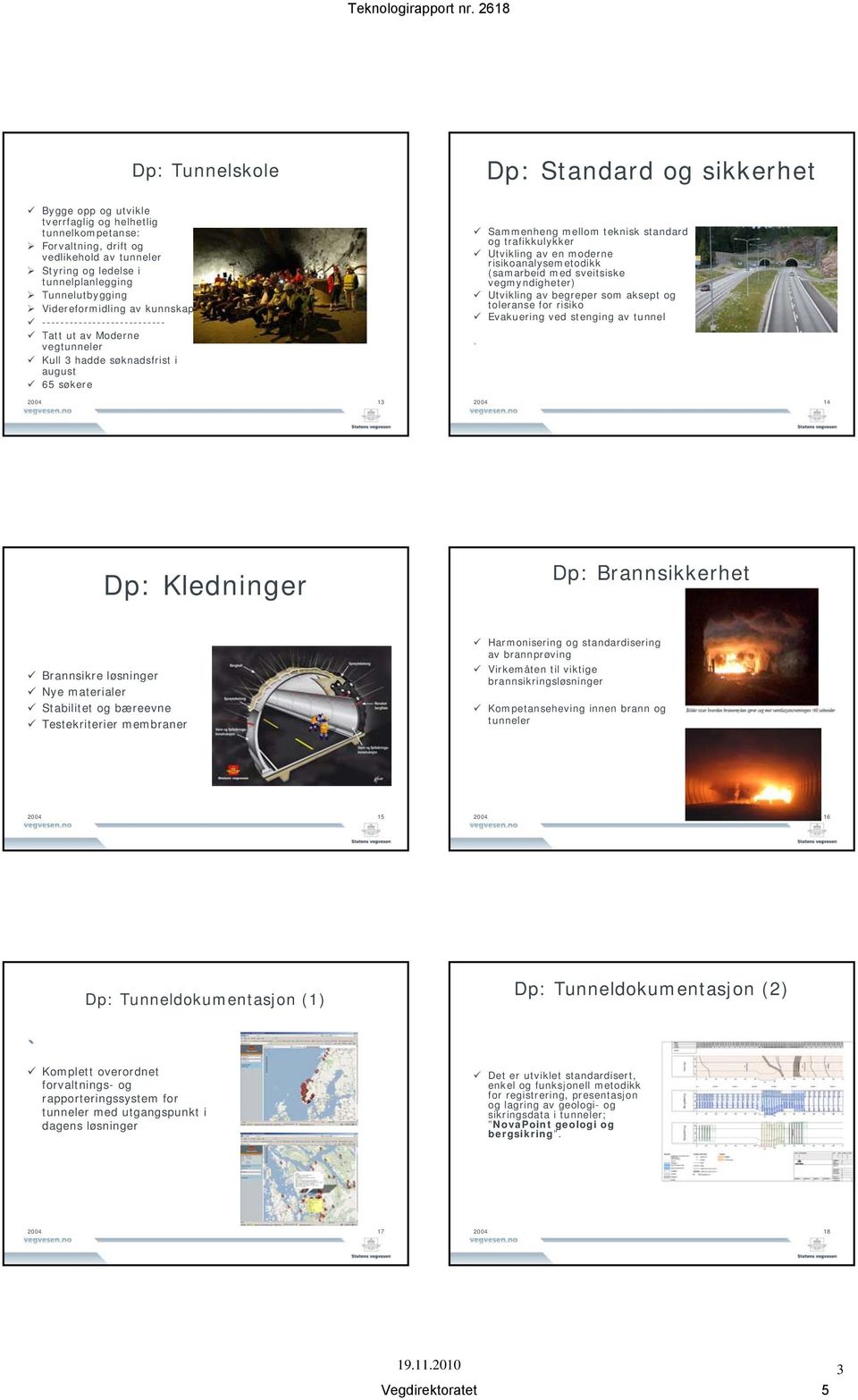 trafikkulykker Utvikling av en moderne risikoanalysemetodikk (samarbeid med sveitsiske vegmyndigheter) Utvikling av begreper som aksept og toleranse for risiko Evakuering ved stenging av tunnel 2004